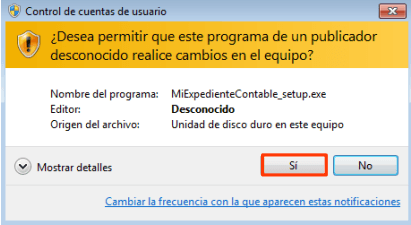 Ventana de Windows para autorizar la instalación de MiExpedienteContable.