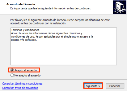 Términos y condiciones del instalador de MiExpedienteContable.