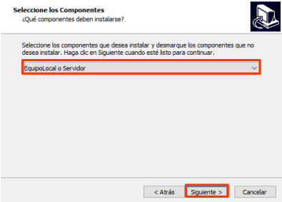 Selección de EquipoLocal o Servidor en el instalador de MiExpedienteContable.