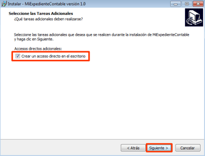 Opción para crear un acceso directo de MiExpedienteContable en el escritorio.