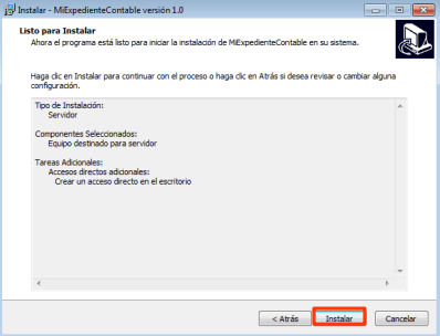 Botón para iniciar la instalación de MiExpedienteContable.