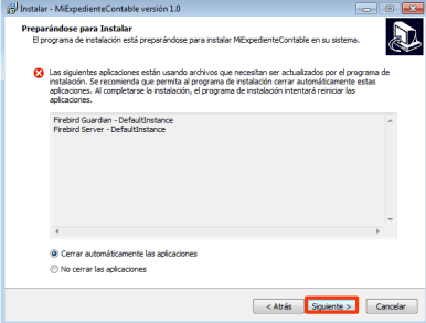 Opción para cerrar automáticamente las aplicaciones durante la instalación.